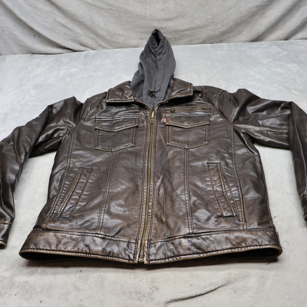 Levis Jacket Mens Small Brown Trucker Faux Leather Sherpa Lined Moto Bomber READ